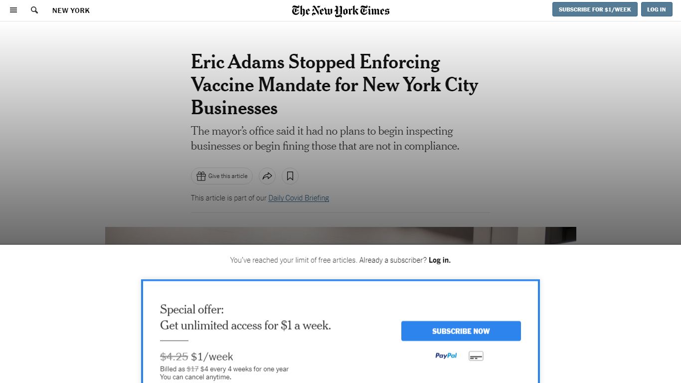 Eric Adams Stopped Enforcing Vaccine Mandate for New York City Businesses